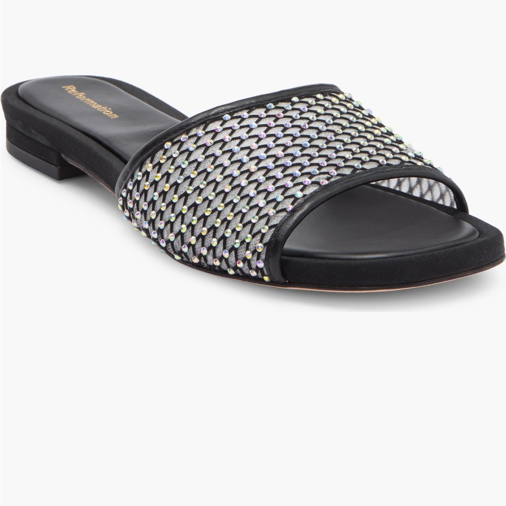 Reformation Rhinestone Mesh Slide Sandals Black Size 6 Sparkly